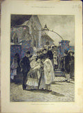 Original Old Antique Print 1887 Christening Sunday Charles Baby Church Victorian