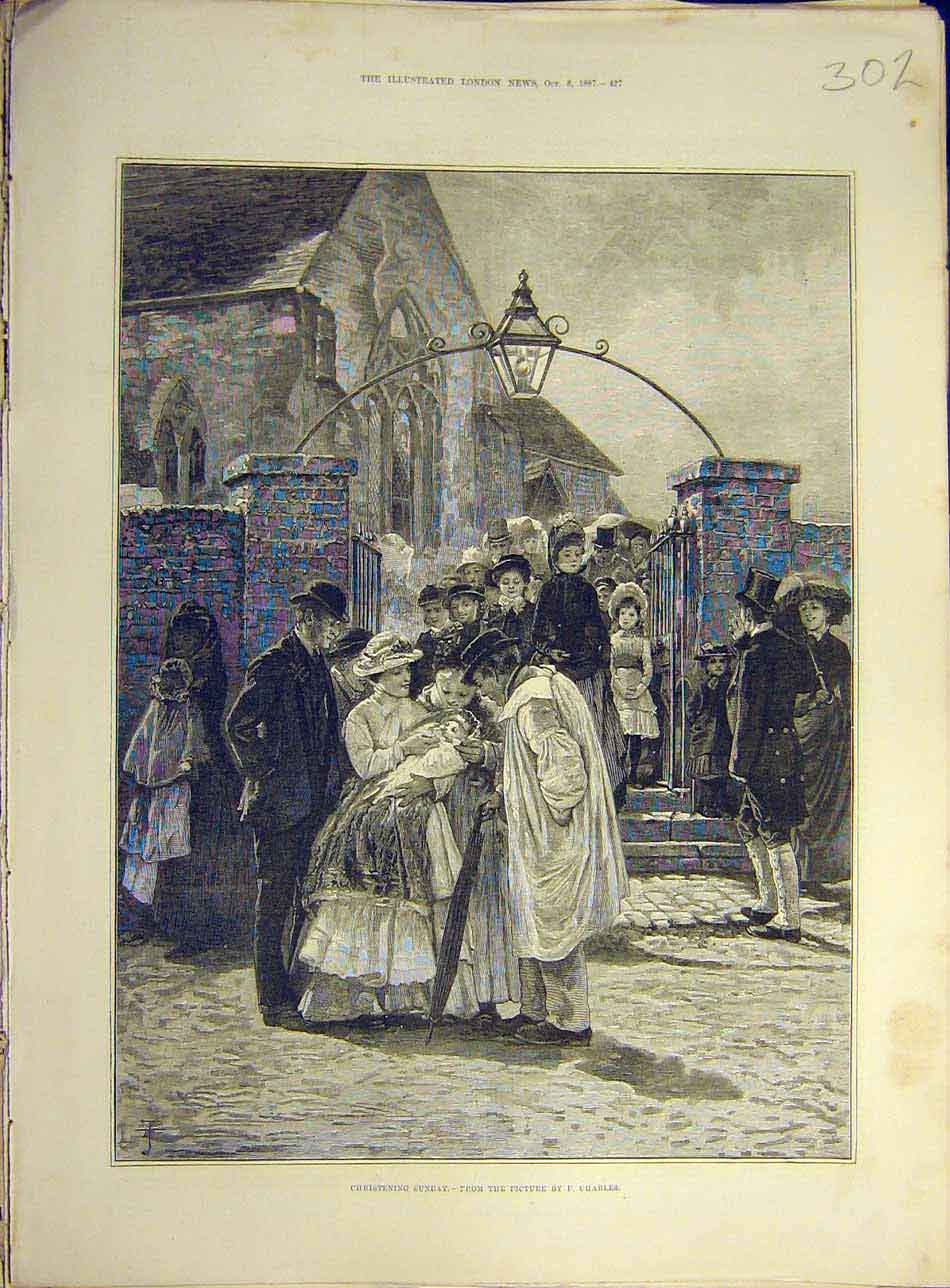 Original Old Antique Print 1887 Christening Sunday Charles Baby Church Victorian