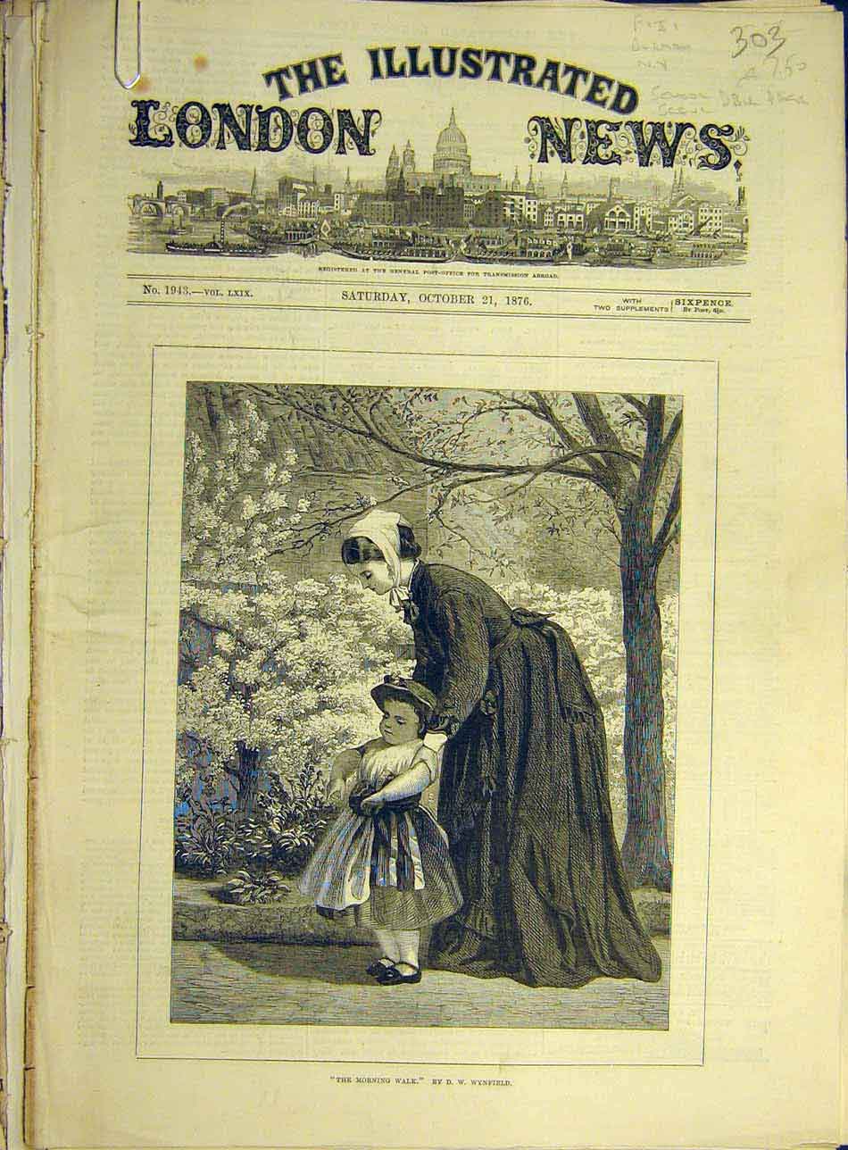 Original Old Antique Print 1876 Morning Walk Wynfield Child Lady 19th