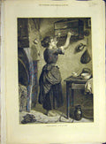 Original Old Antique Print 1876 Feeding Pets Fyfe Girl Lady Woman Birds Cage