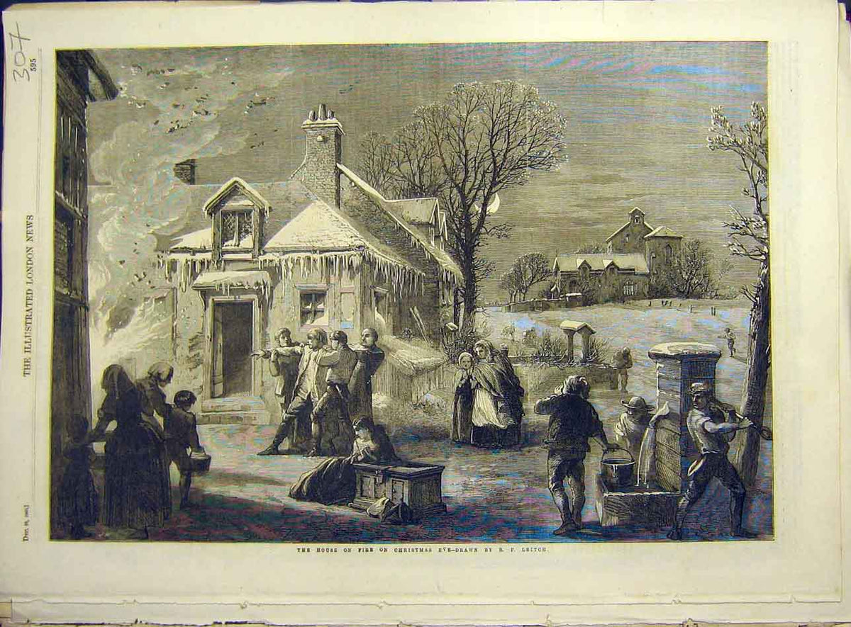 Original Old Antique Print 1860 House Fire Christmas Eve Leitch Winter Snow 19th