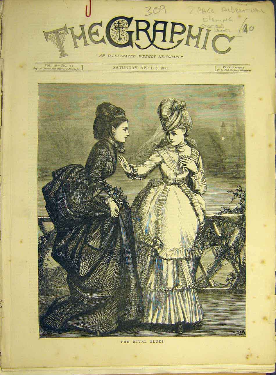 Original Old Antique Print 1871 Rival Blues Ladies Sketch Women 19th