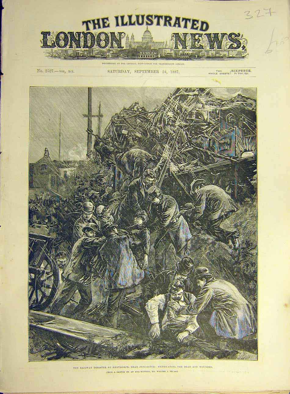 Original Old Antique Print 1887 Railway Disaster Doncaster Stuart Passengers