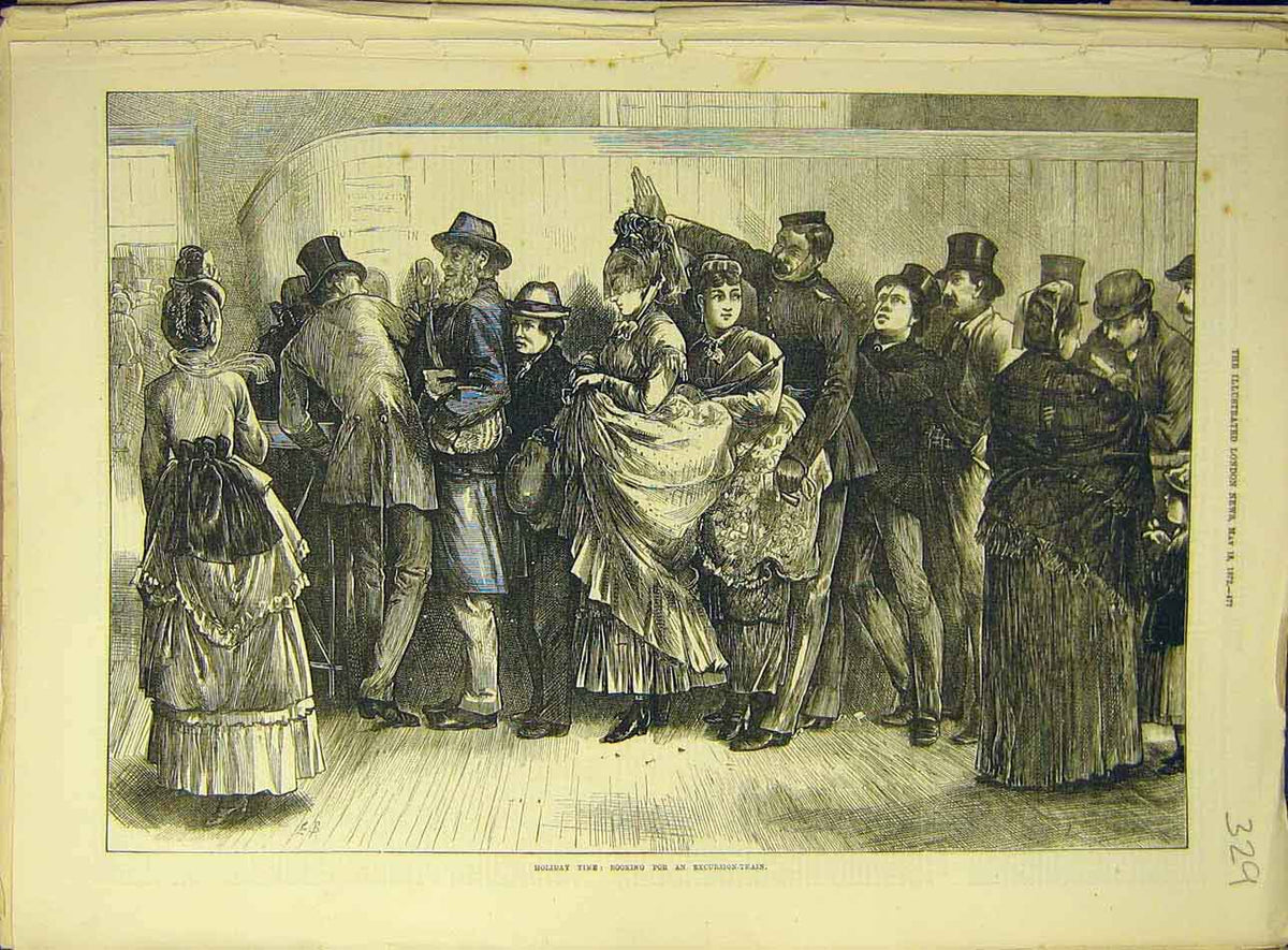 Original Old Antique Print 1872 Holiday Excursion Train Booking People Queue