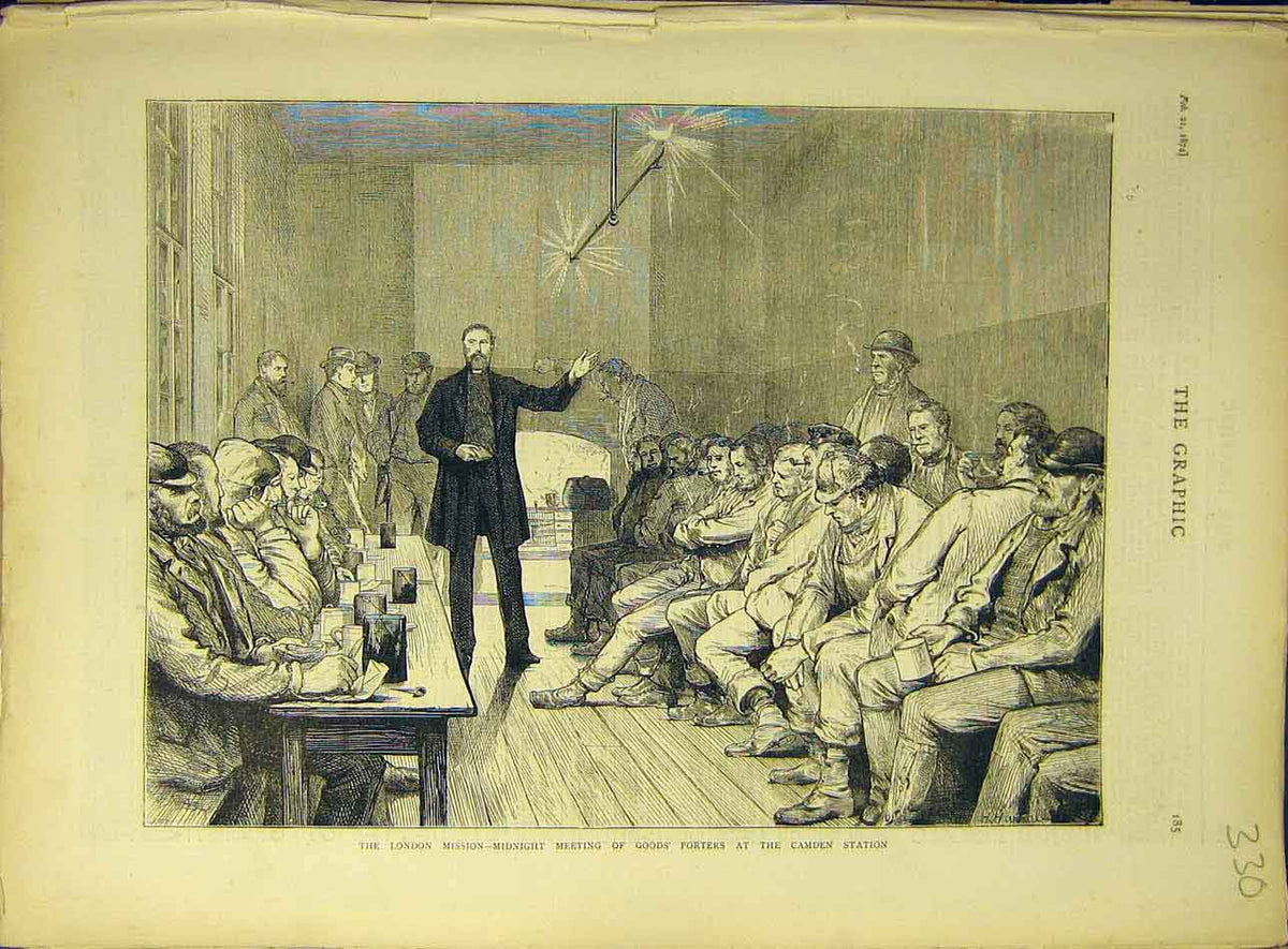 Original Old Antique Print 1874 London Goods Porters Camden Station Railway 19th