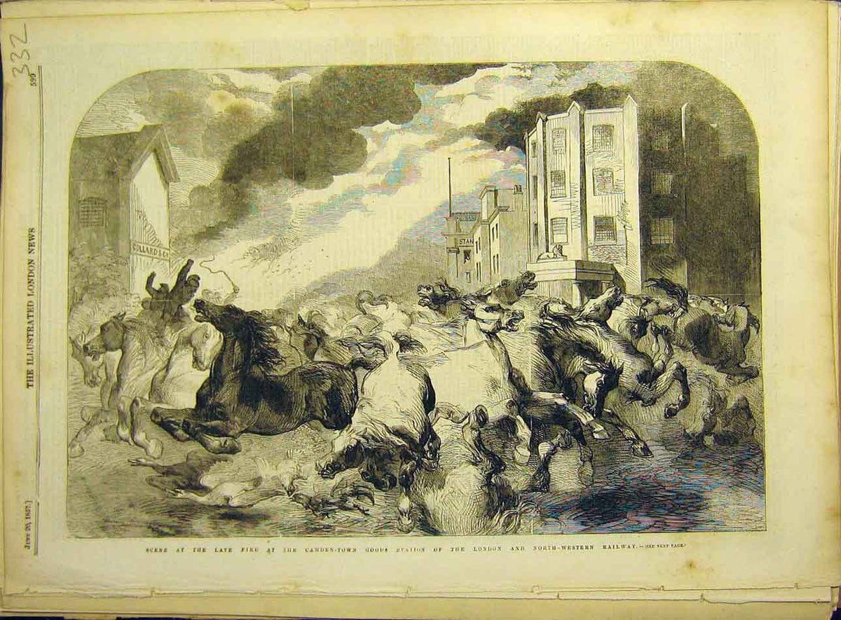 Original Old Antique Print 1857 Fire Camden Station London North-Western Railway