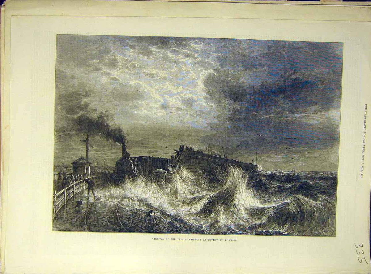 Original Old Antique Print 1871 French Mail-Boat Dover Weber Train Railway 19th