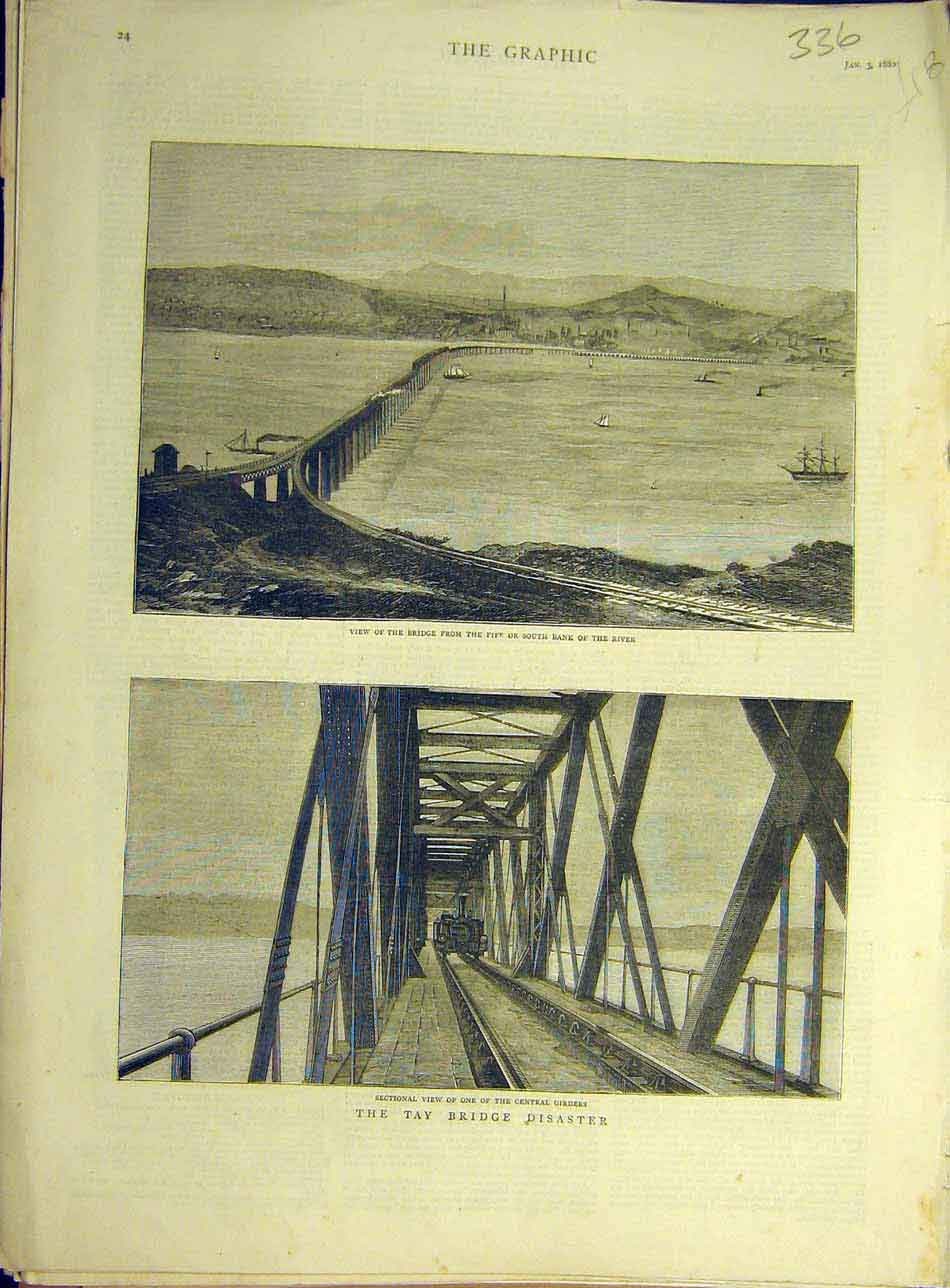 Original Old Antique Print 1880 Tay Bridge Disaster Fife River Girder Train 19th