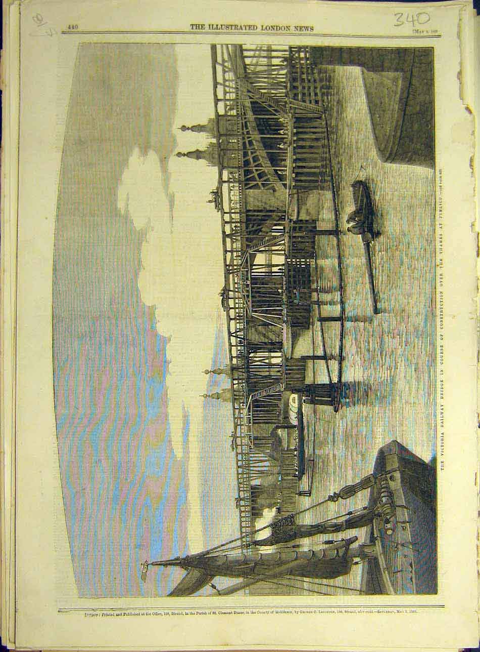 Original Old Antique Print 1860 Victoria Railway Bridge Thames Pimlico Building