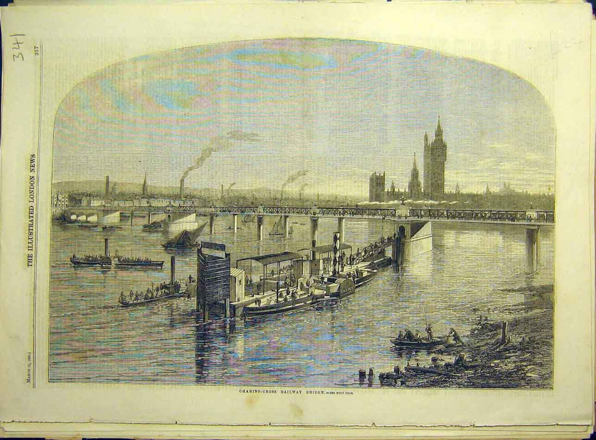 Original Old Antique Print 1860 Charing-Cross Railway Bridge Boats River 19th