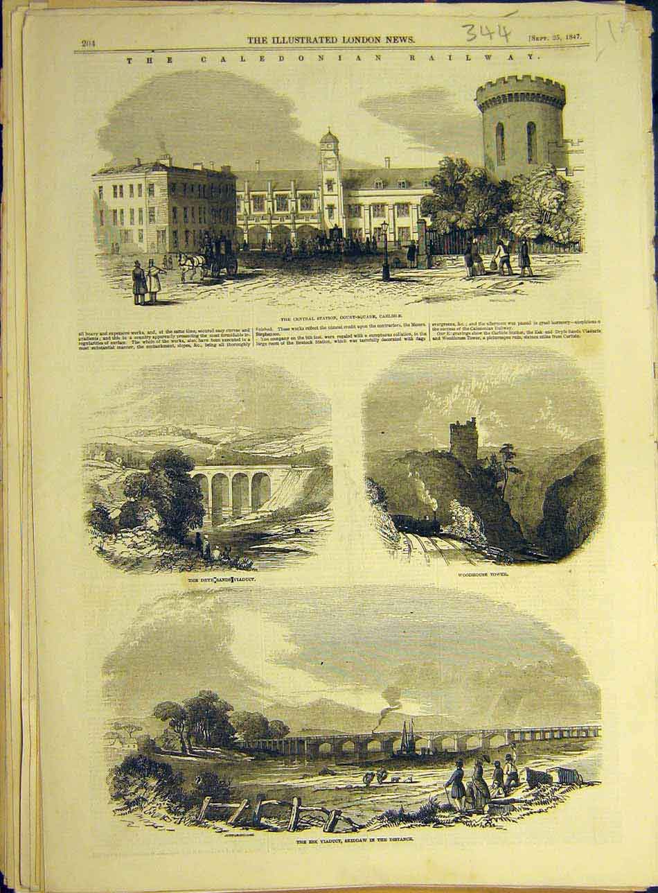 Original Old Antique Print 1847 Caledonian Railway Carlisle Station Viaduct Esk