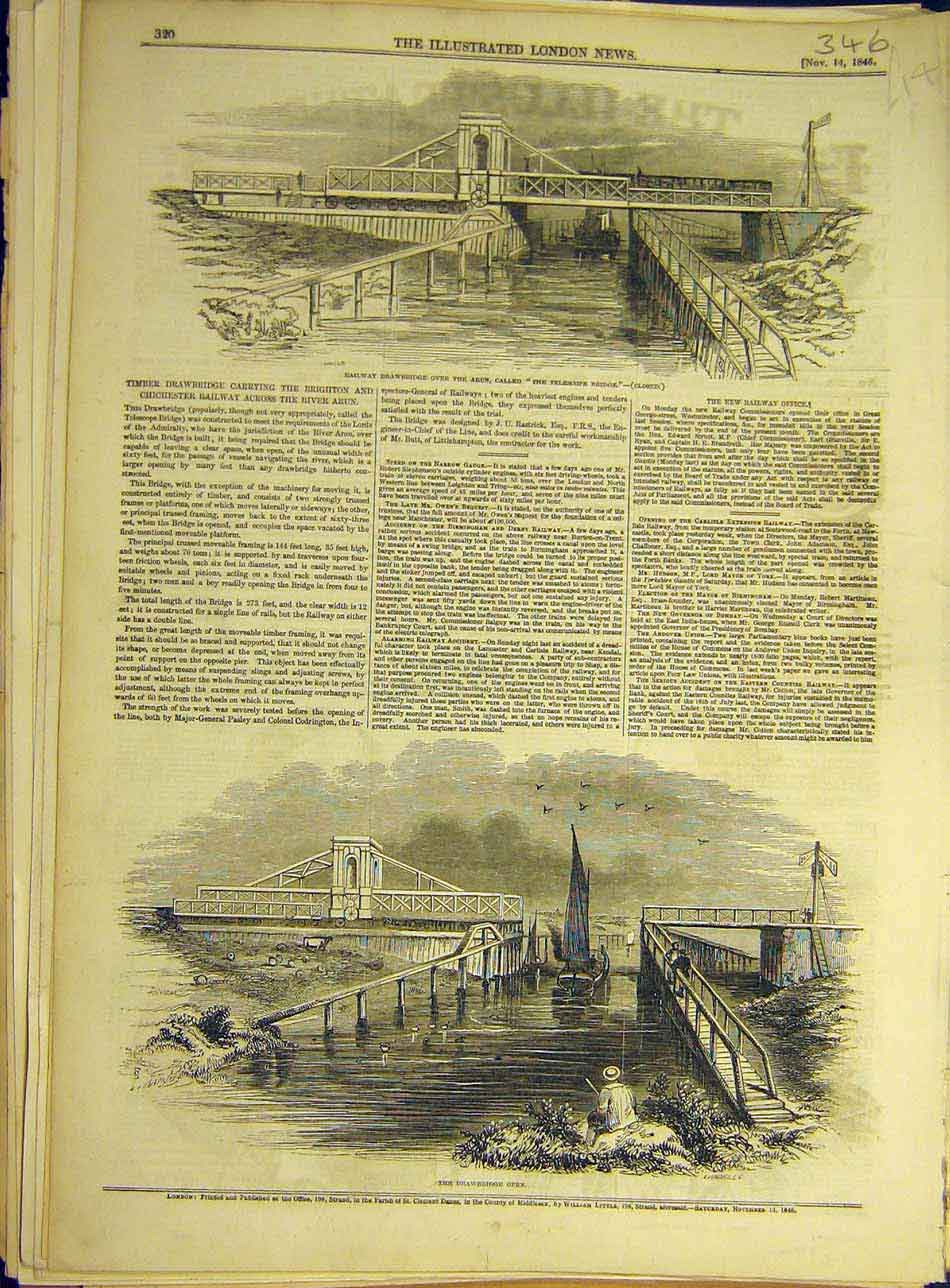 Original Old Antique Print 1846 Railway Drawbridge Arun Telescope-Bridge 19th