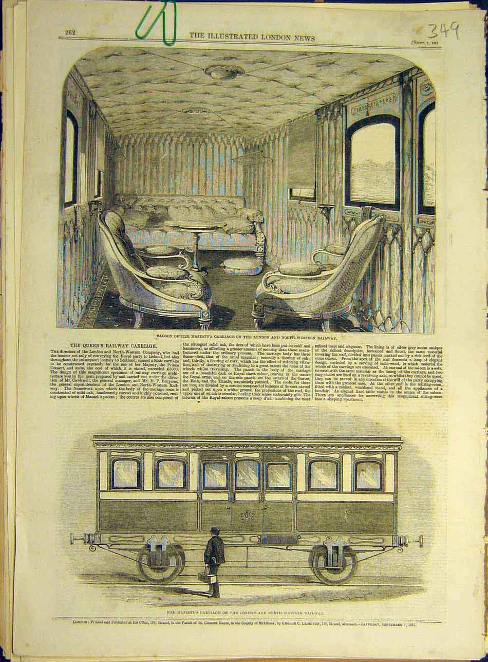 Old Antique Print 1861 Royal Carriage Queen London North-Western Railway 19th