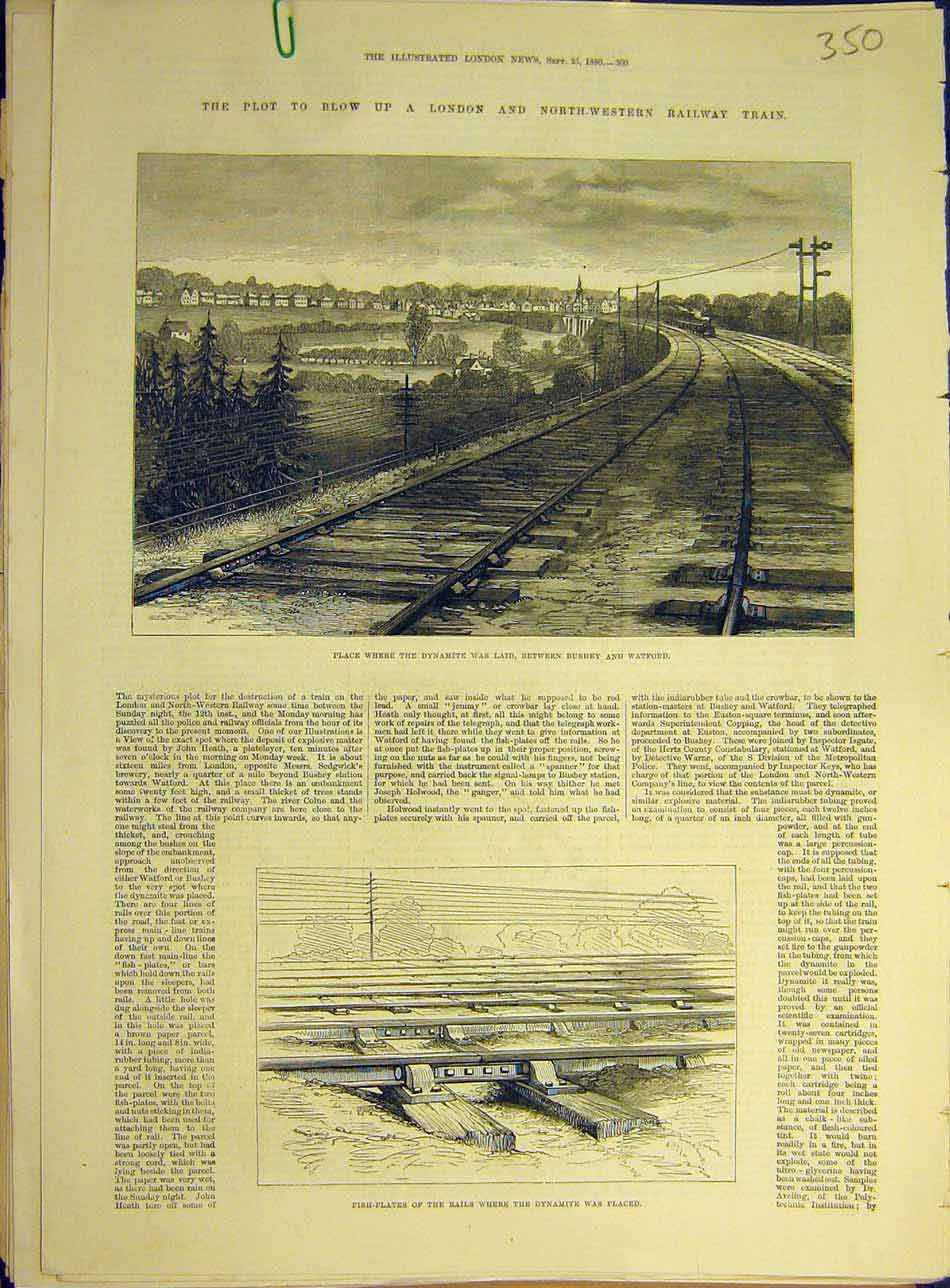 Original Old Antique Print 1880 Dynamite Plot Railway Bushey Watford Fish-Plates