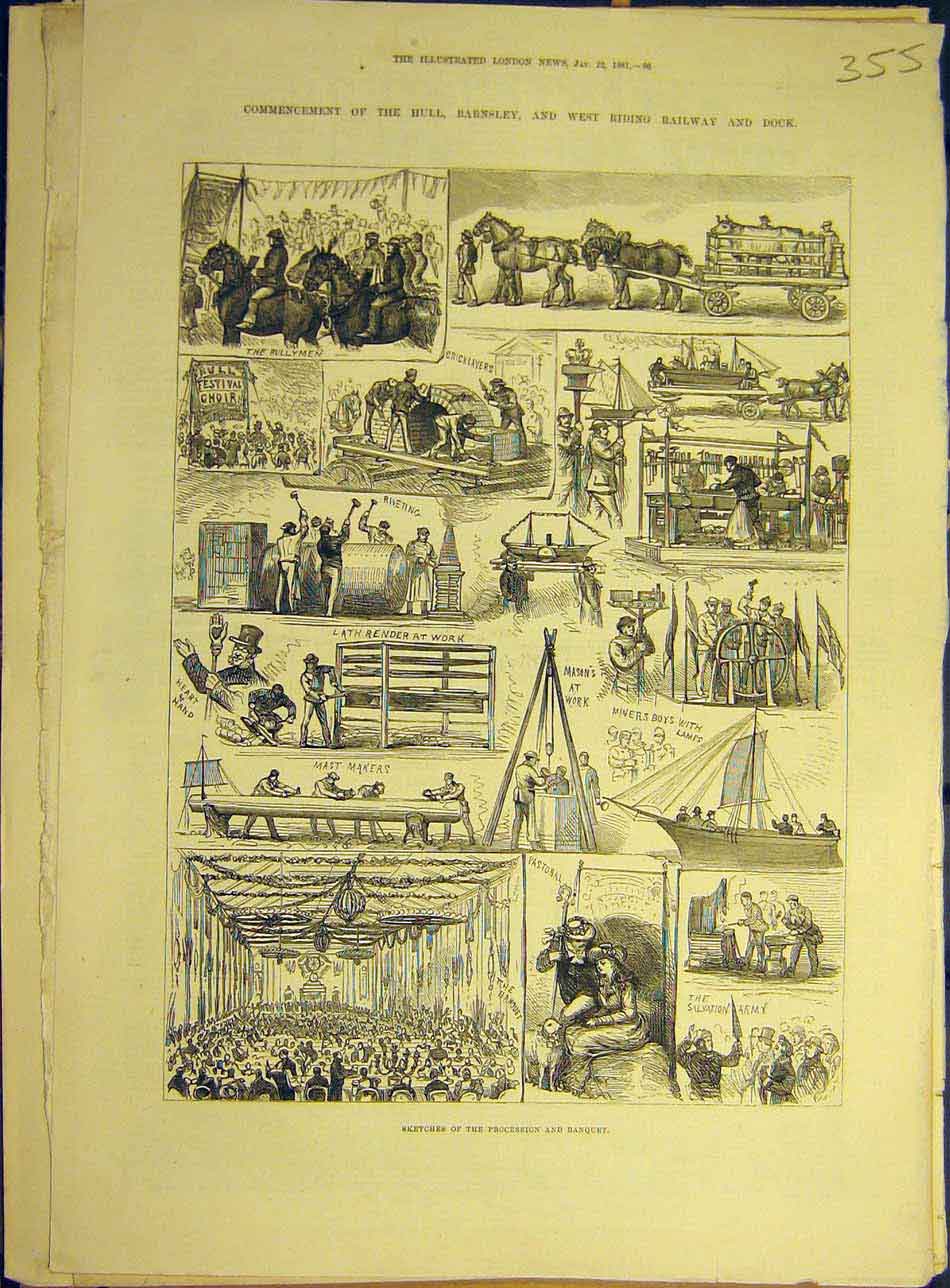 Original Old Antique Print 1881 Hull Barnsley West-Riding Railway Dock Sketches