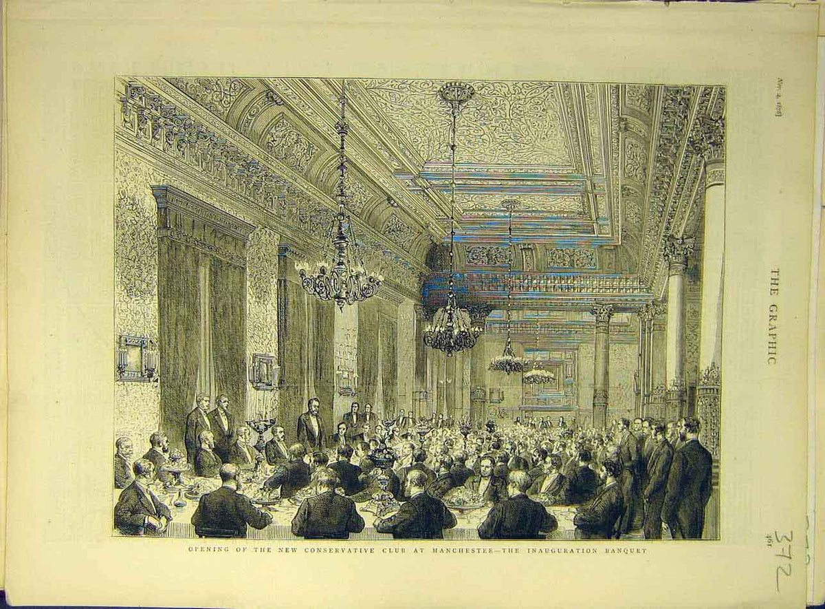 Old Antique Print 1876 Manchester Conservative Club Inauguration Banquet 19th