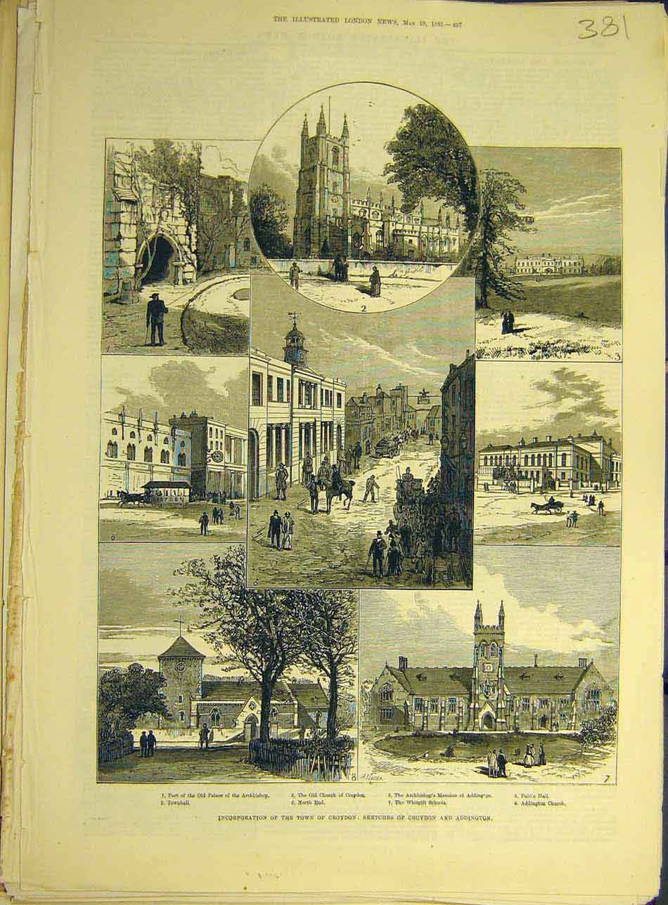 Original Old Antique Print 1883 Croydon Addington Incorporation Church School