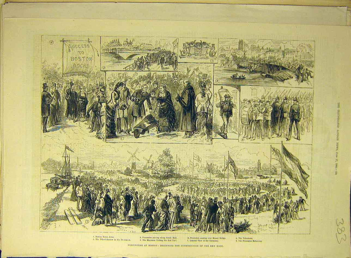 Original Old Antique Print 1882 Boston Festivities Dock Construction Ceremony