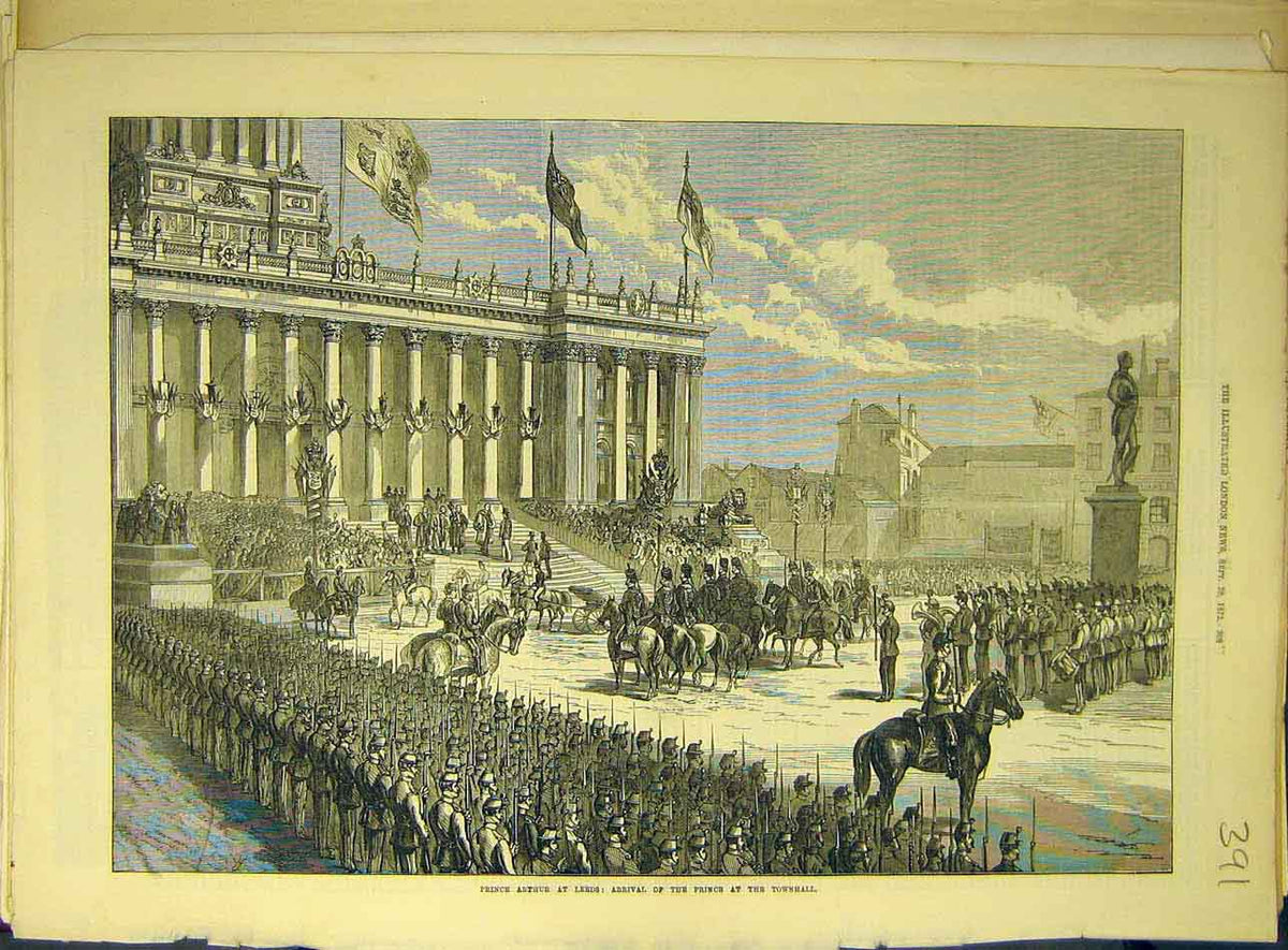 Original Old Antique Print 1872 Prince Arthur Leeds Townhall Procession Royal