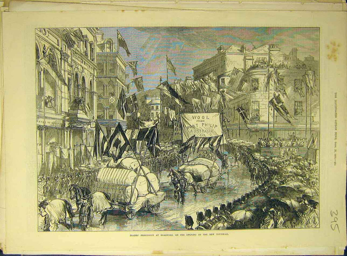Original Old Antique Print 1873 Trades Procession Bradford Townhall Victorian