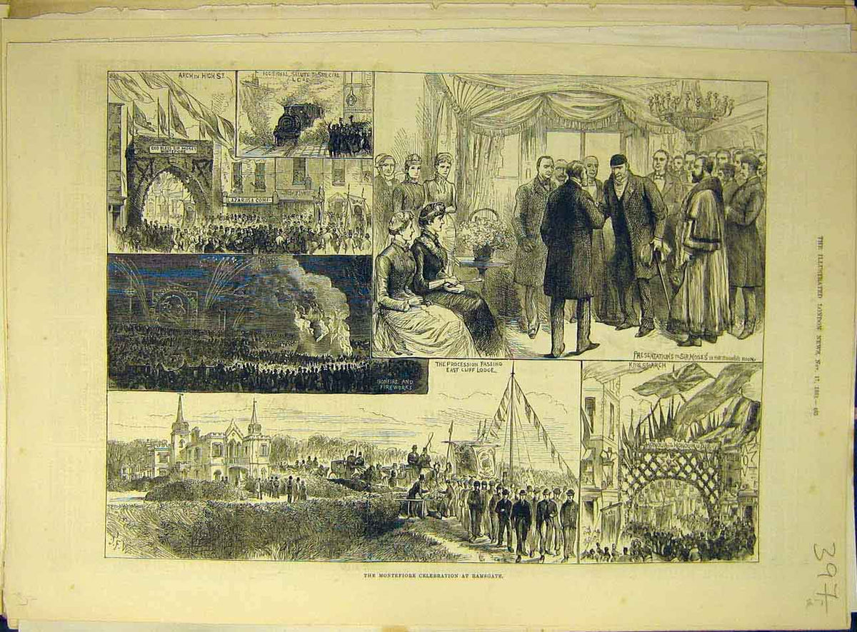 Original Old Antique Print 1883 Montefiore Celebration Ramsgate Procession 19th
