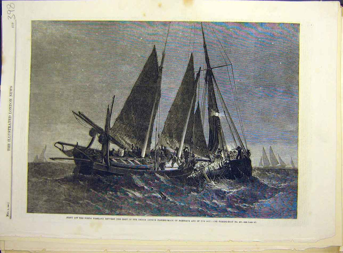 Original Old Antique Print 1861 Prince Arthur Fishing Smack Boulogne Boat Fight