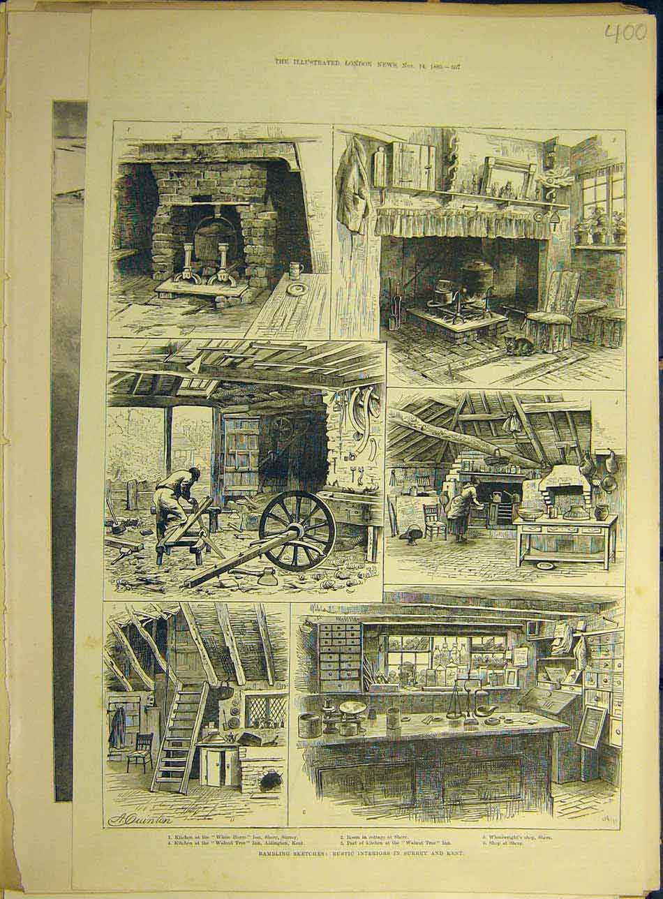 Old Antique Print 1885 Sketches Rustic Surrey Kent Kitchen Inn Shere Shop 19th