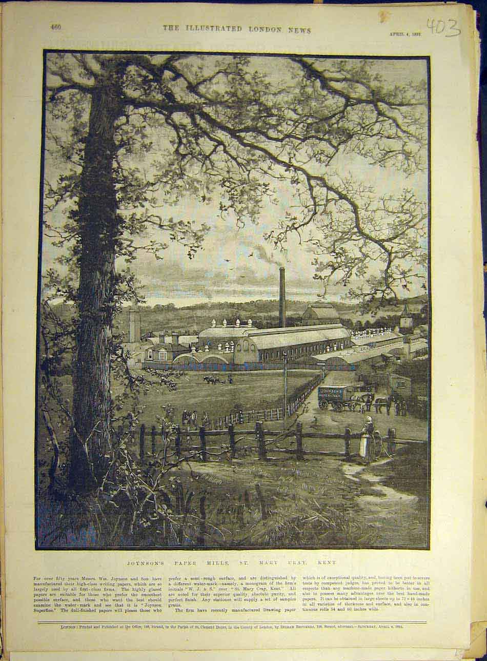 Original Old Antique Print 1891 Joynson'S Paper Mills St. Mary Cray Kent 19th
