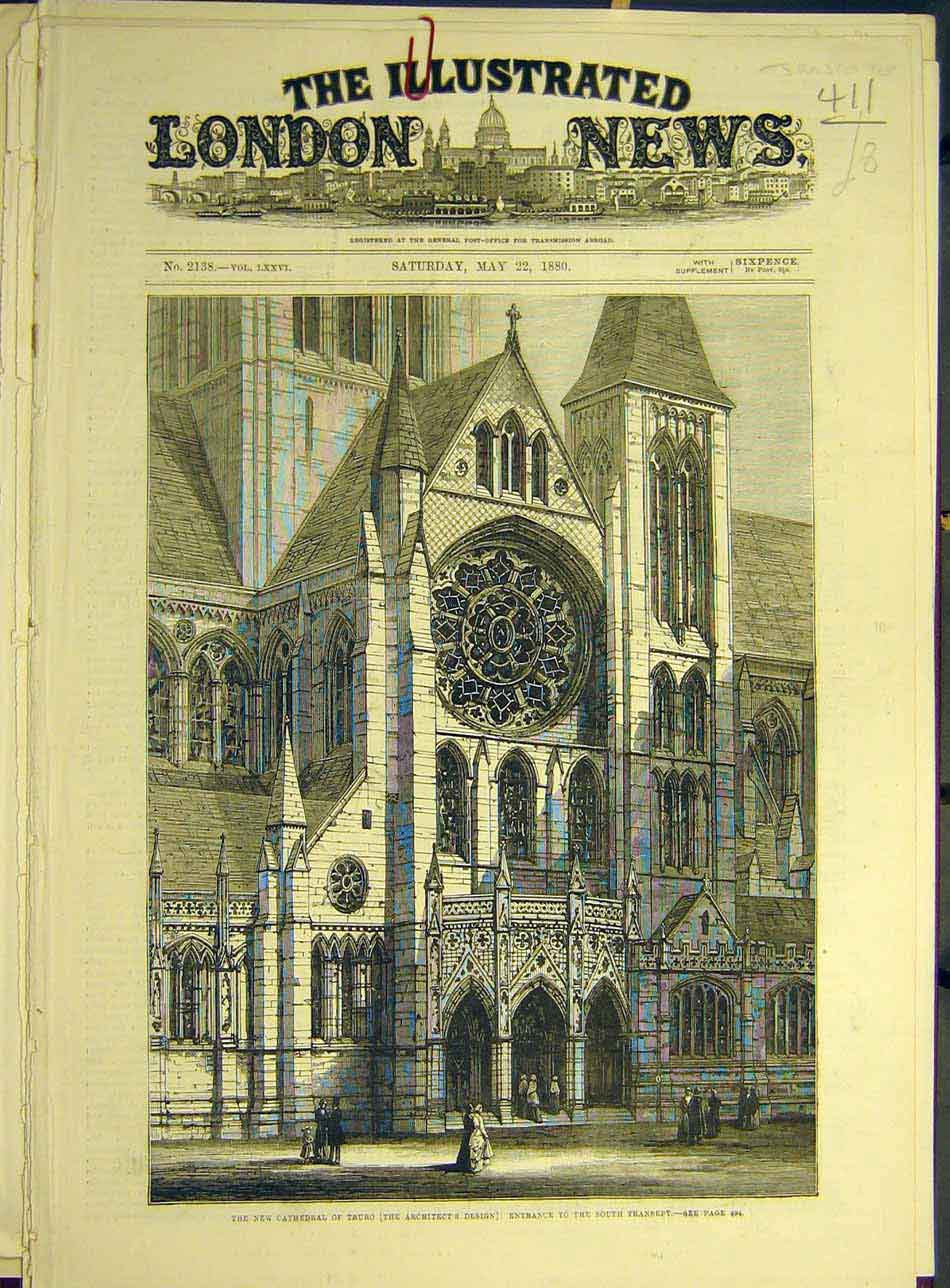 Original Old Antique Print 1880 Cathedral Truro Architect Design Building 19th