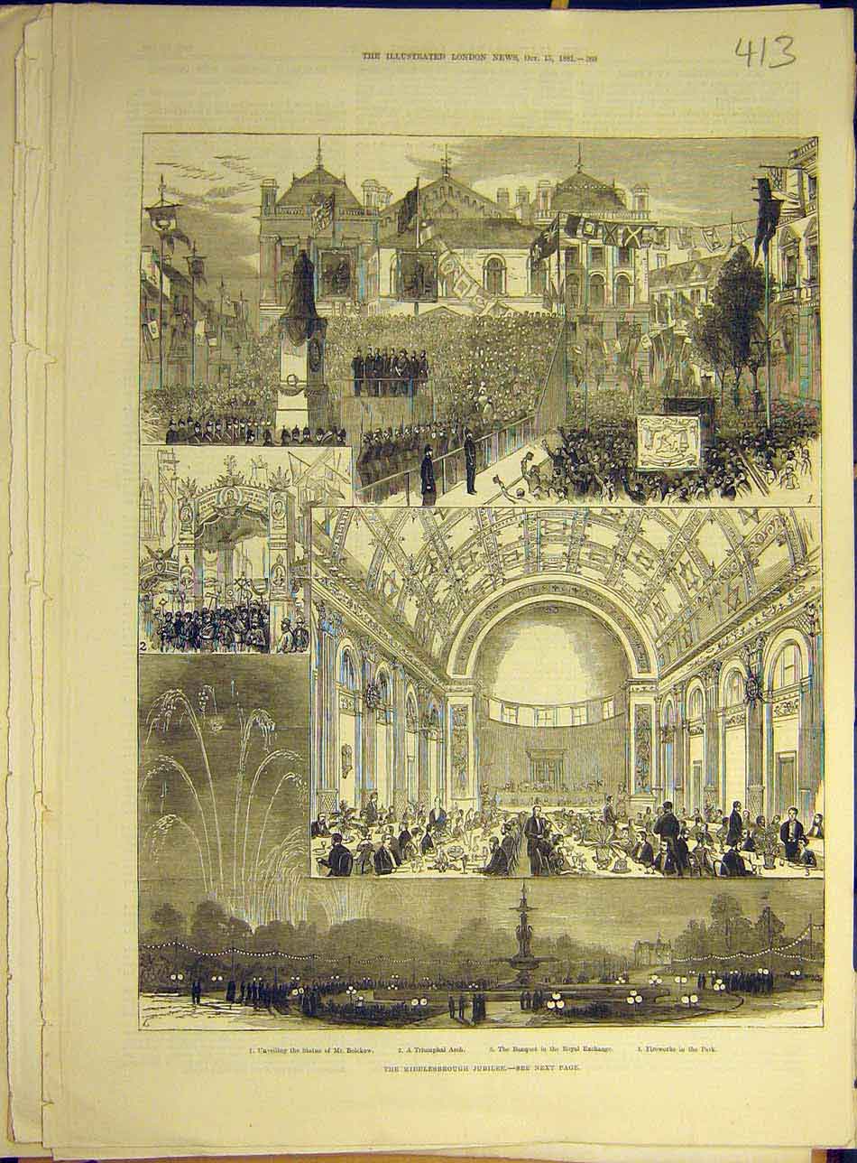Old Antique Print 1881 Middlesborough Jubilee Celebration Sketch Bolckow 19th