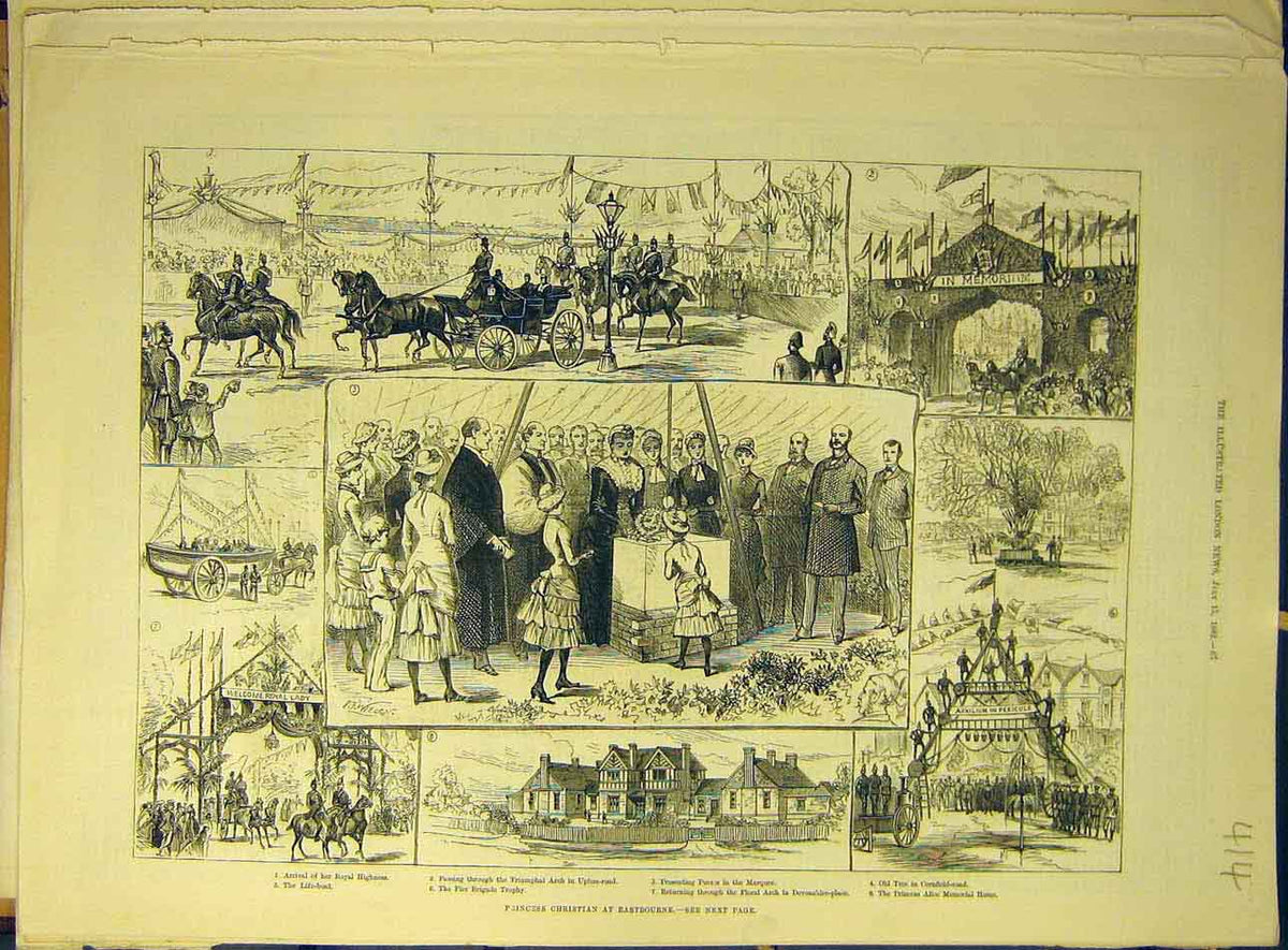 Original Old Antique Print 1882 Princess Christian Eastbourne Life-Boat Upton