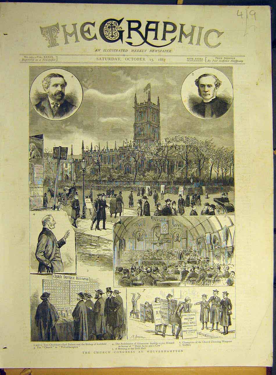 Original Old Antique Print 1887 Church Congress Wolverhampton Drill-Hall 19th