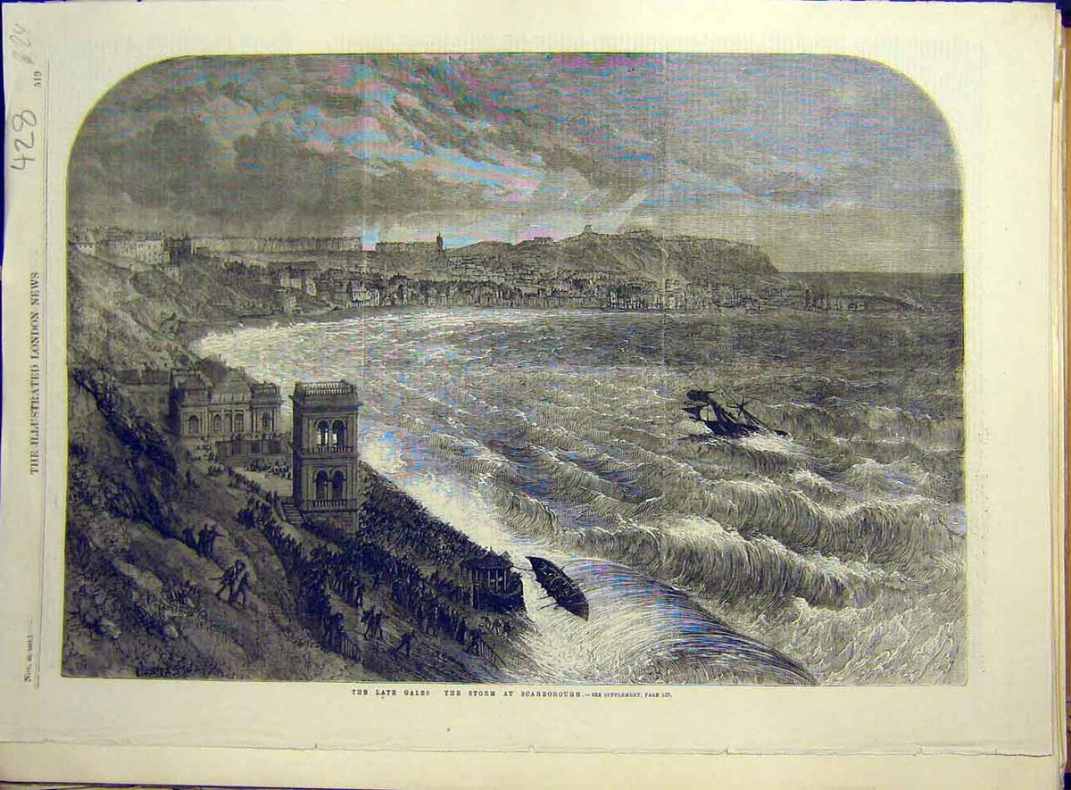 Original Old Antique Print 1861 Gales Storm Scarborough Sea Coast Sketch 19th