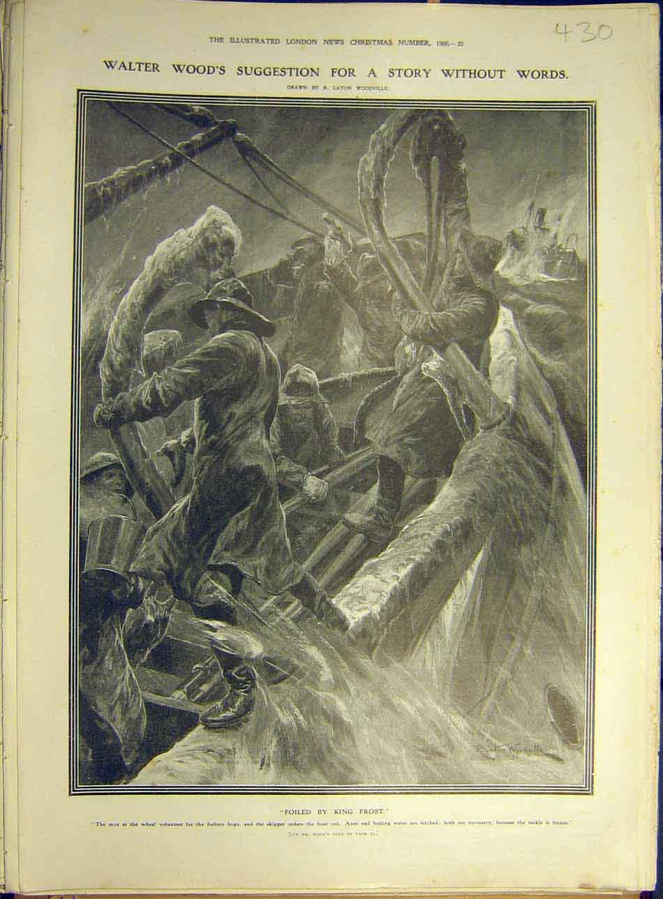 Original Old Antique Print 1906 Wood Story King Frost Woodville Ship Ice Frozen