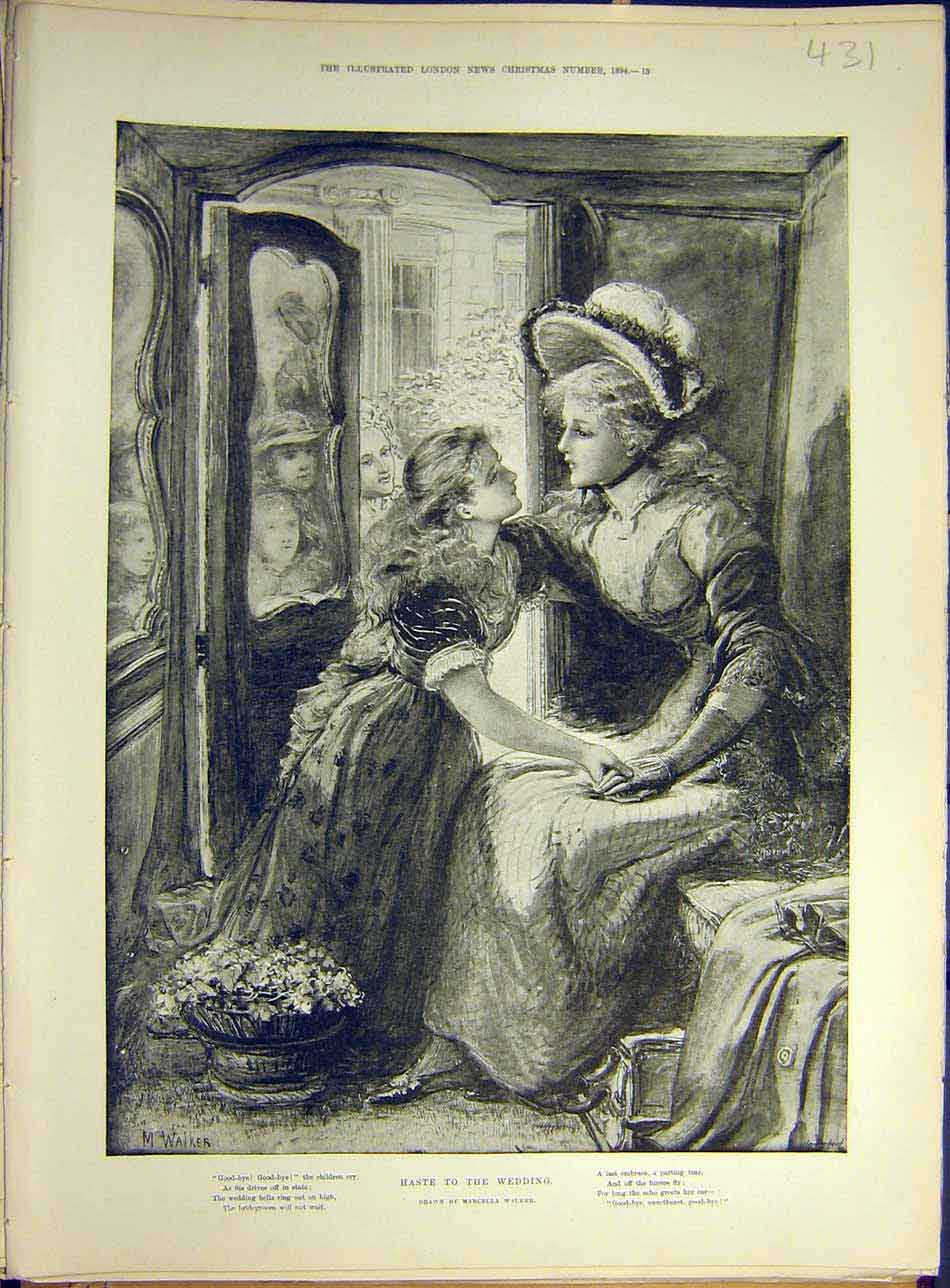 Original Old Antique Print 1894 Wedding Haste Walker Fine Art Lady Carriage 19th