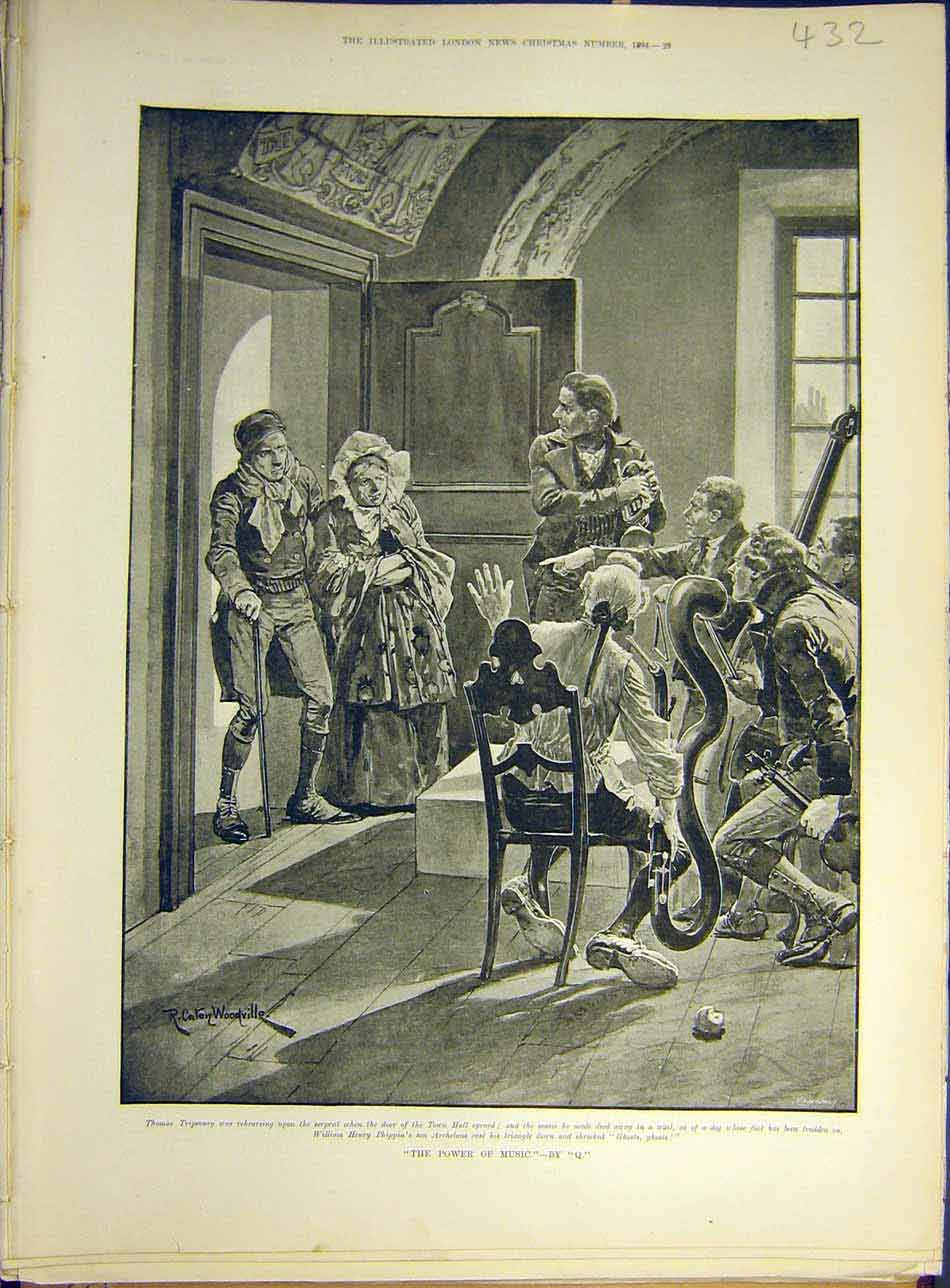 Original Old Antique Print 1894 Music Power Q Concert Musician Town Hall Ghost