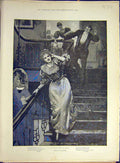 Original Old Antique Print 1894 Race Kiss Lady Stairs Malempre Fine Art 19th