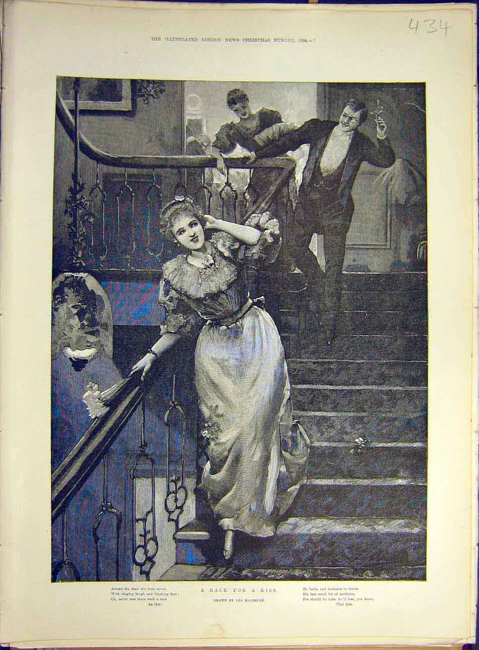 Original Old Antique Print 1894 Race Kiss Lady Stairs Malempre Fine Art 19th