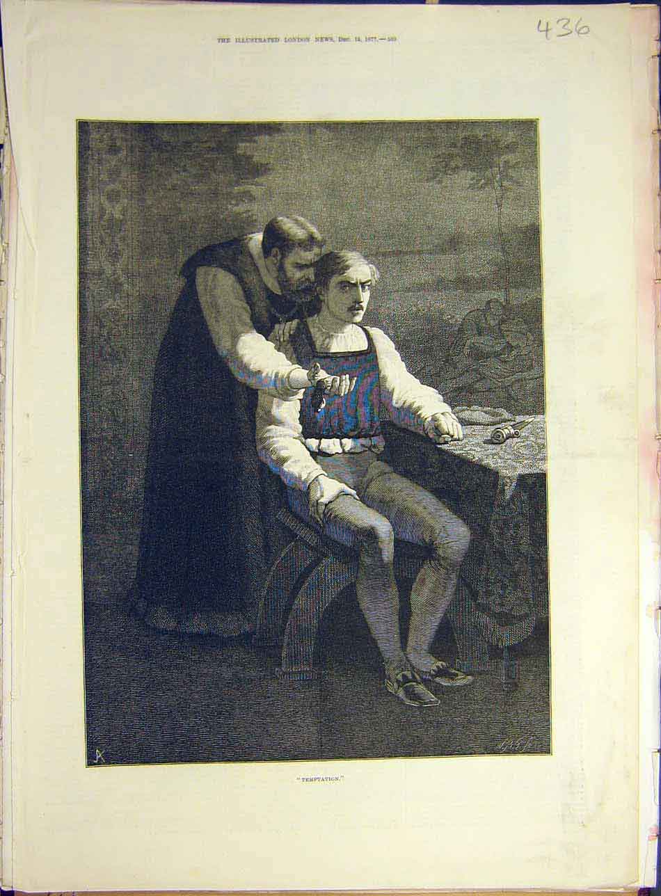 Original Old Antique Print 1877 Temptation Fine Art Man Dagger 19th