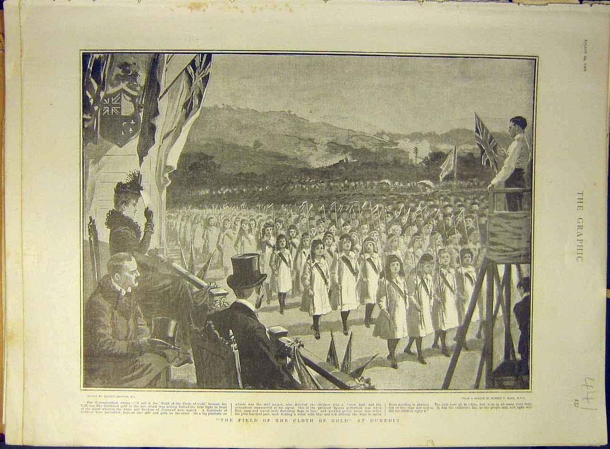 Original Old Antique Print 1901 Field Cloth-GDunedin Boys Girls Duke Cornwall