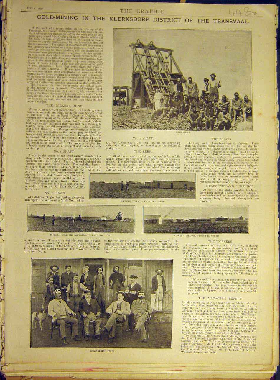 Original Old Antique Print 1896 Klerksdorp Africa G-Mining Transvaal Shaft 19th