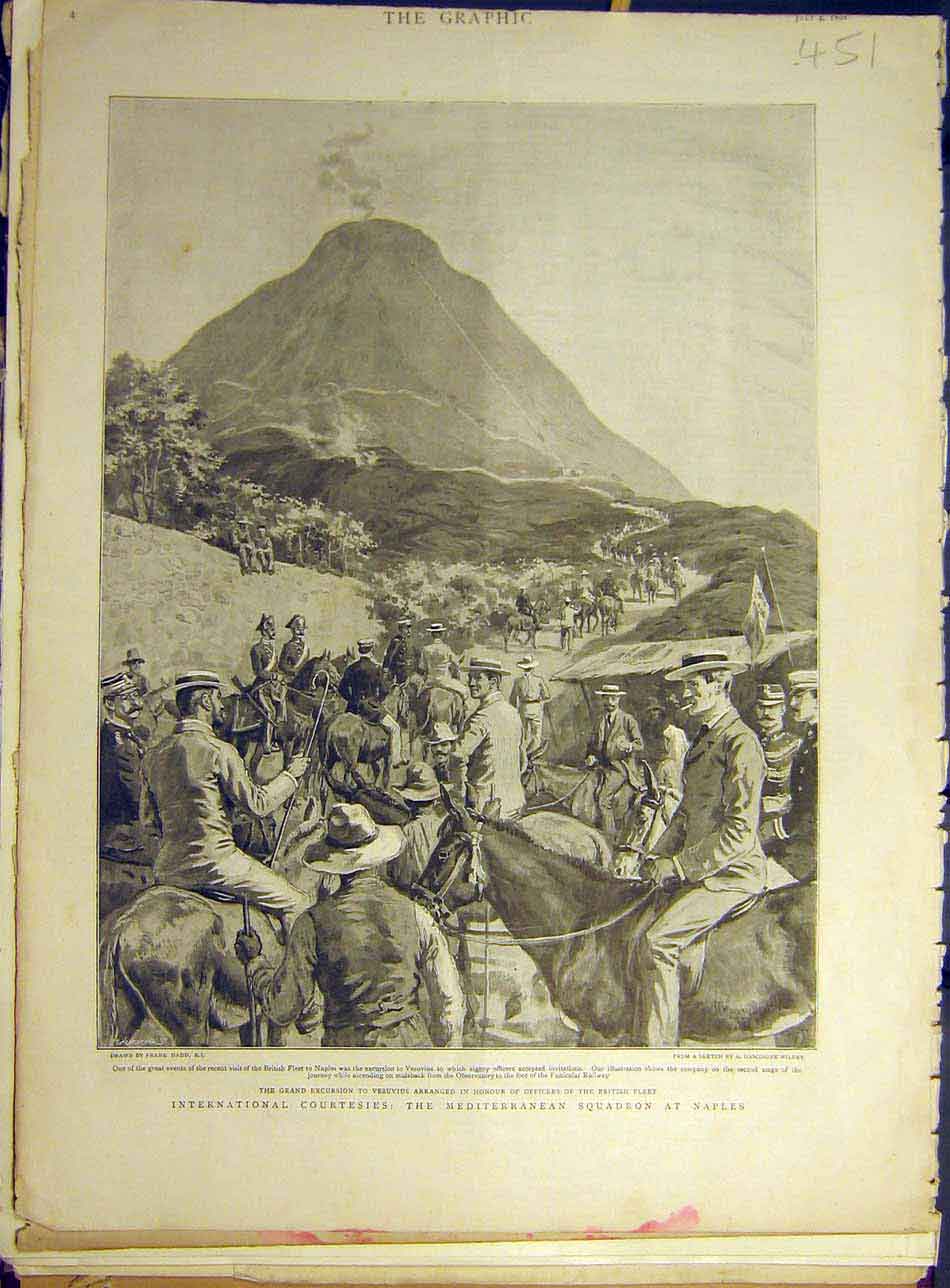 Original Old Antique Print 1896 Mediterranean Squadron Naples Vesuvius Officers
