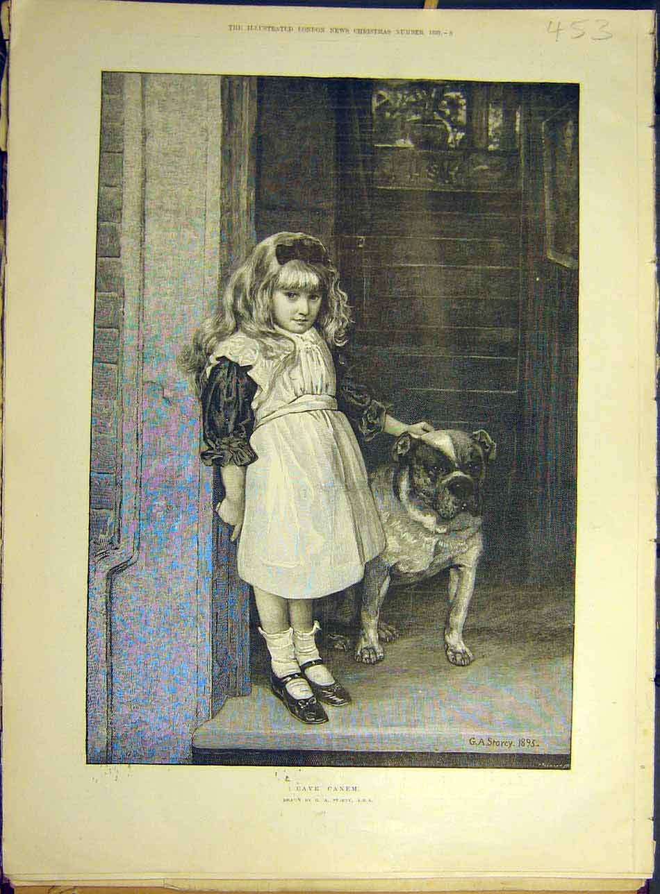 Original Old Antique Print 1893 Cave Canem Storey Fine Art Girl Dog Child 19th