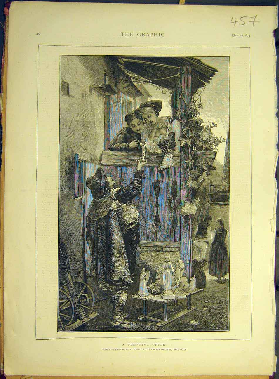 Original Old Antique Print 1874 Tempting Offer Weisz Man Statues Selling Ladies