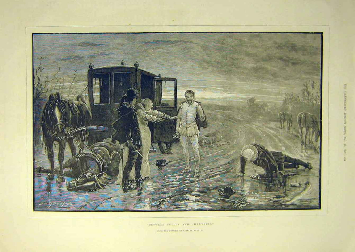 Original Old Antique Print 1887 Berkley Scylla Charbydis Duel Horse Carriage