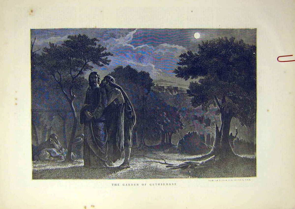 Original Old Antique Print 1871 Garden Gethsemane Religious Jesus Armita 19th