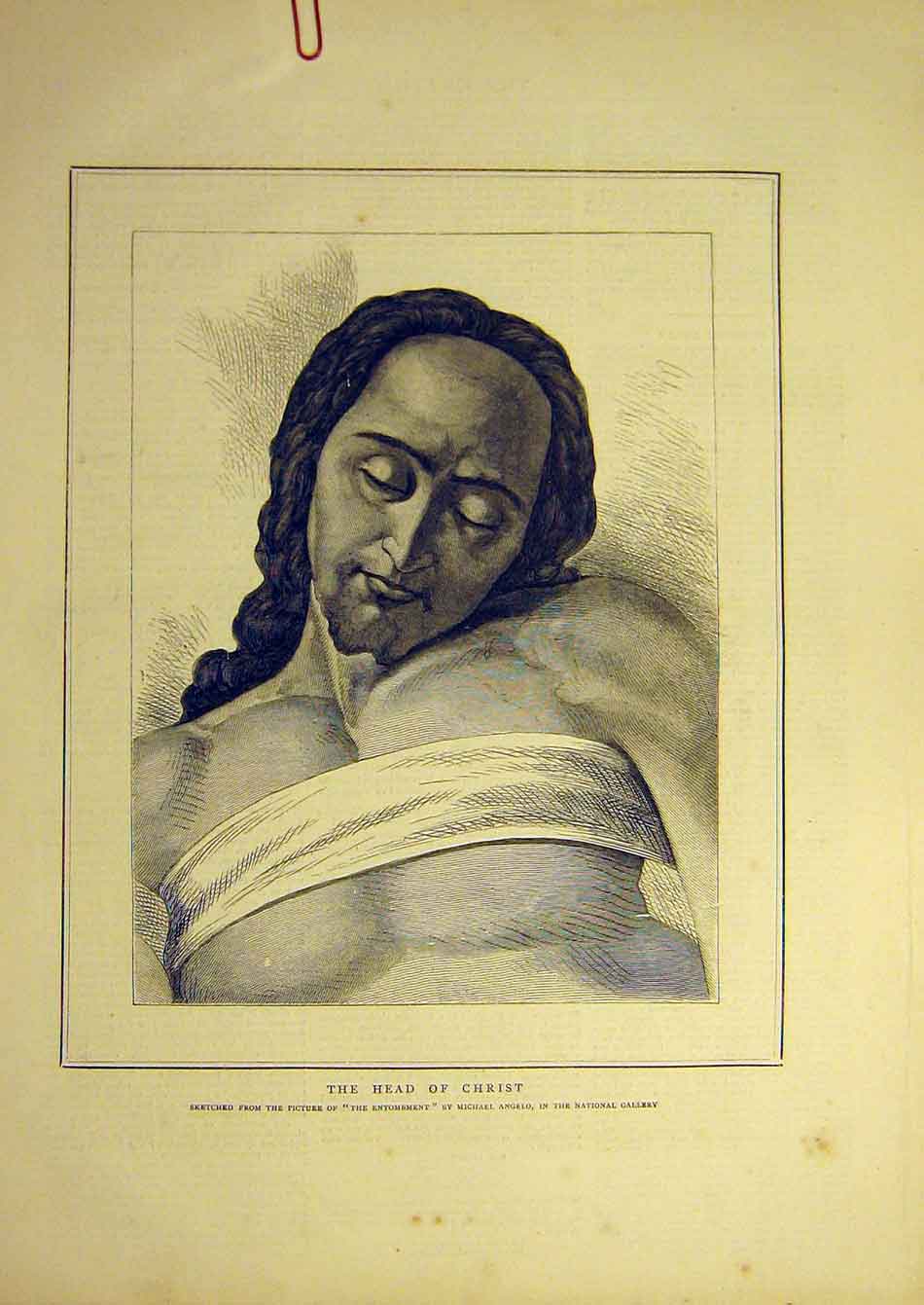 Original Old Antique Print 1871 Head-Christ Entombment Michael-Angelo Victorian