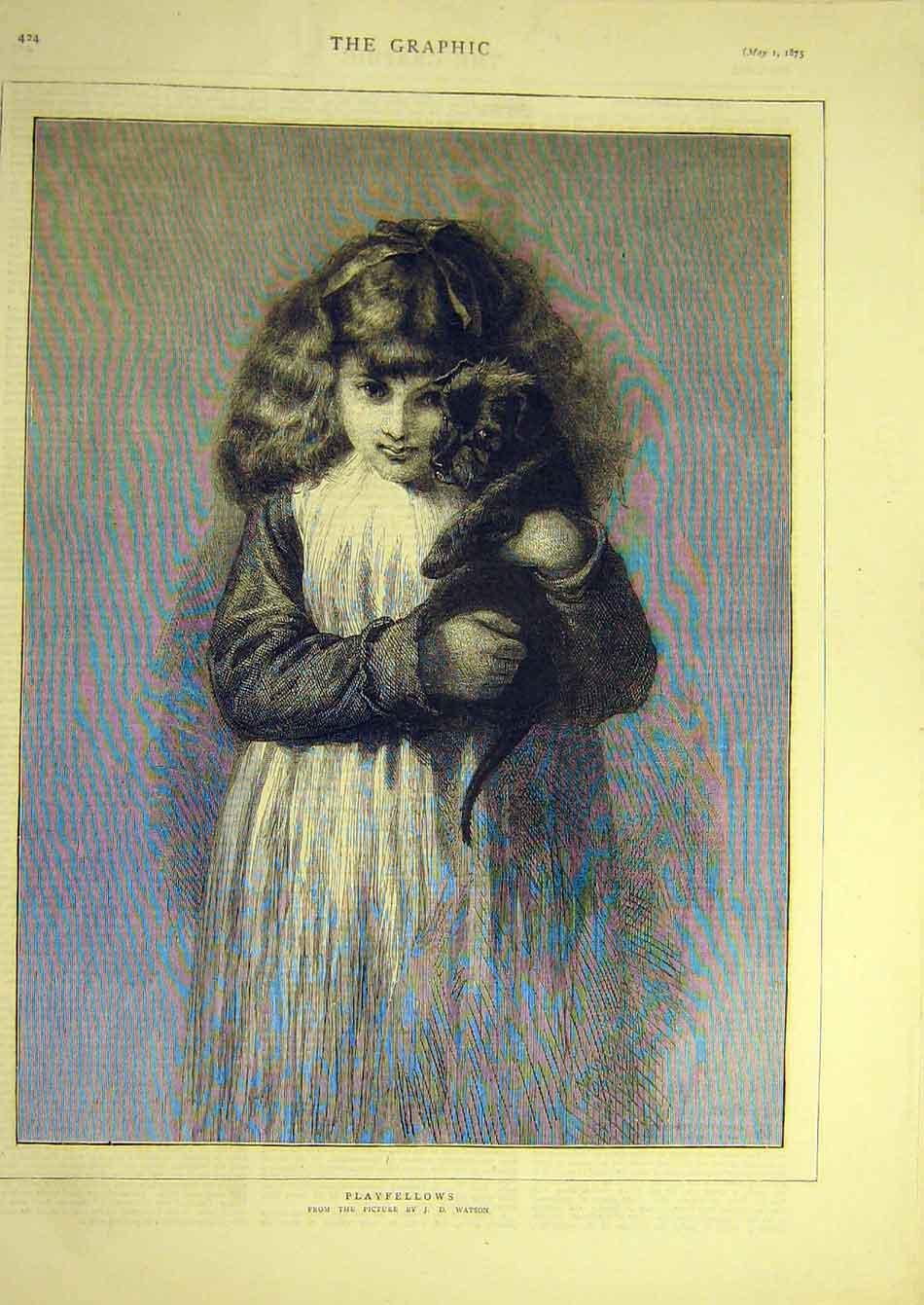 Original Old Antique Print 1875 Play-Fellows Watson Child Puppy Portrait 19th