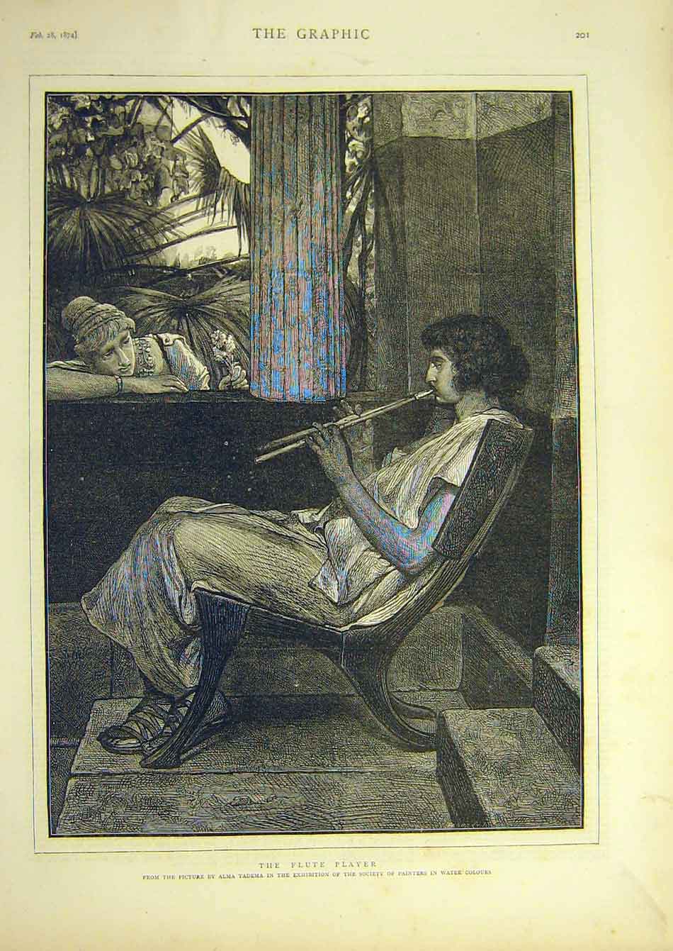 Original Old Antique Print 1874 Flute Player Tadema Music Man Fine Art Victorian