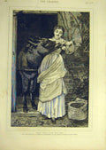 Original Old Antique Print 1876 Johnson Free-Welcome Donkey Lady Flowers 19th